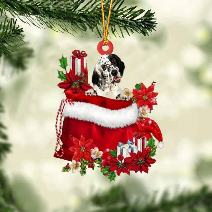 Customized English Setter Dog In Red Gift Bag Acrylic Christmas Ornament, Christmas Gift For Dog Lovers, Dog Mom For Dog Lovers, Dog Mom