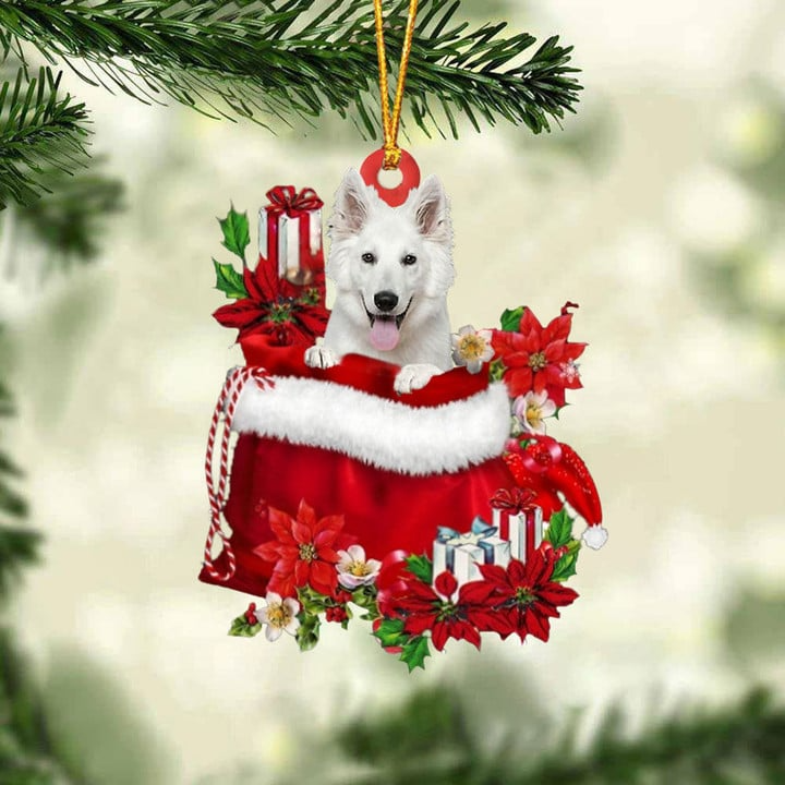 Customized White German Shepherd Dog In Red Gift Bag Acrylic Ornament, Christmas Gift For Dog Lovers, Dog Mom