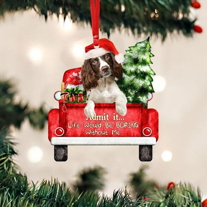 Personalized Photo English Springer Spaniel On The Red Truck Acrylic Christmas Ornament, Custom Christmas Gift For Dog Lovers, Dog Owners