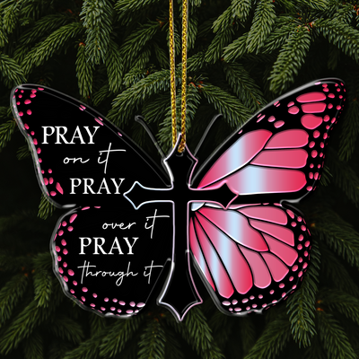 Pink Monarch Butterfly Pray Christian Cross Acrylic Ornament, Perfect Christmas Gift For Family, Friends