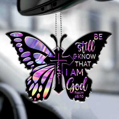 Colorful Butterfly Cross Faith I Am God Acrylic Car Ornament, Perfect Christmas Gift For Family, Friends