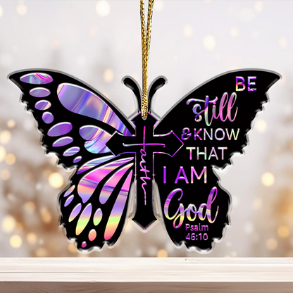 Colorful Butterfly Cross Faith I Am God Acrylic Car Ornament, Perfect Christmas Gift For Family, Friends
