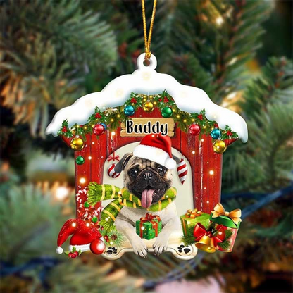 Customized Name Pug In Red Wood House Acrylic Ornament Christmas Gift For Dog Lovers, Dog Mom