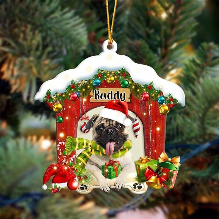 Customized Name Pug In Red Wood House Acrylic Ornament Christmas Gift For Dog Lovers, Dog Mom