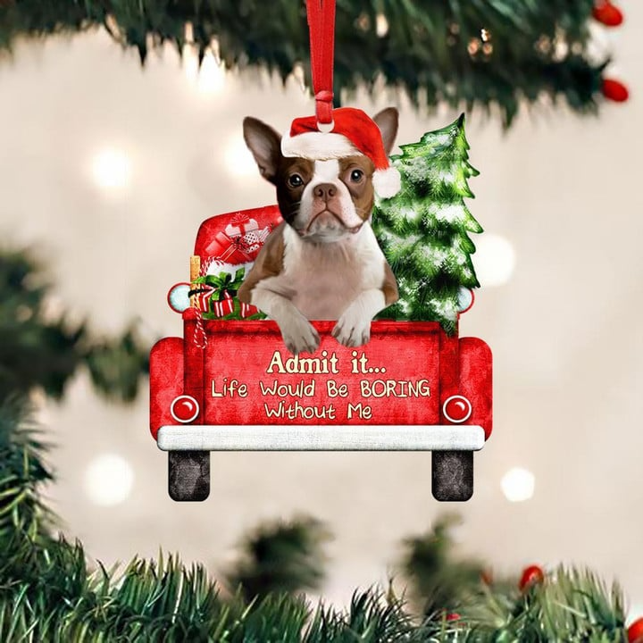 Customized Boston Terrier Dog On The Red Truck Acrylic Christmas Ornament, Christmas Gift For Dog Lovers, Dog Owners