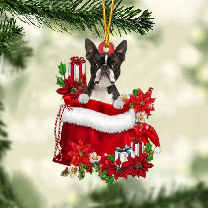 Customized Boston Terrier Dog In Red Gift Bag Acrylic Ornament, Christmas Gift For Dog Lovers, Dog Mom