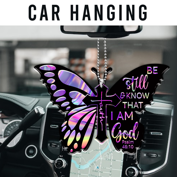 Colorful Butterfly Cross Faith I Am God Acrylic Car Ornament, Perfect Christmas Gift For Family, Friends