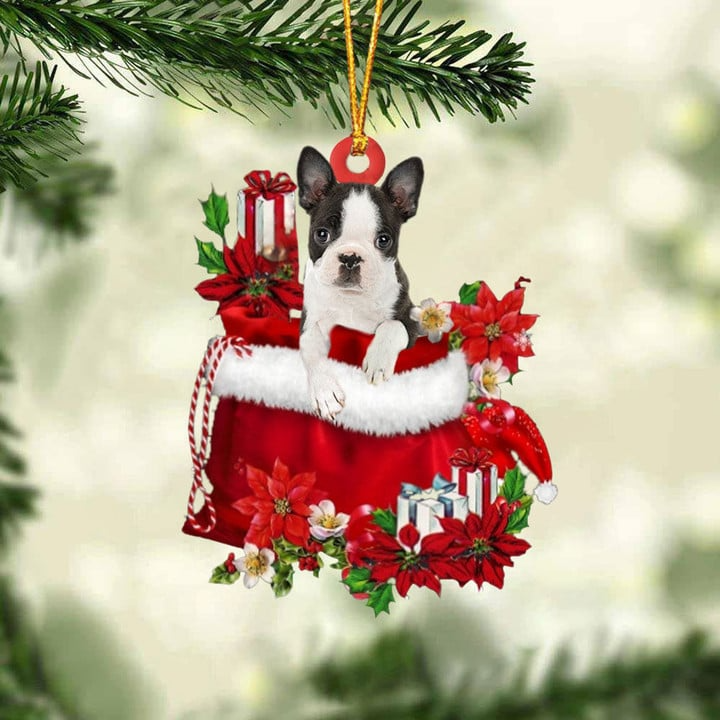 Customized Boston Terrier Dog In Red Gift Bag Acrylic Ornament, Christmas Gift For Dog Lovers, Dog Mom