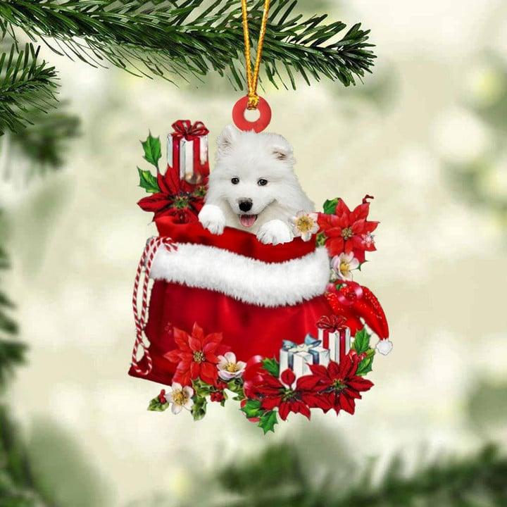 Personalized Samoyed In Red Gift Bag Acrylic Ornament, Custom Christmas Gift For Dog Lovers, Dog Mom