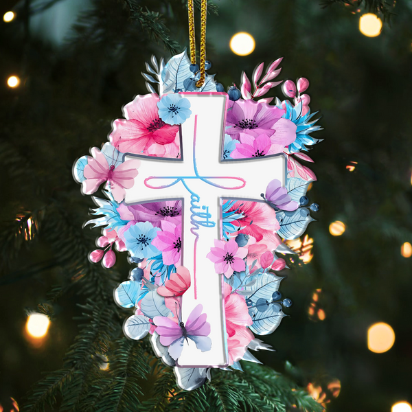 Pink Blue Flowers Butterflies Cross Faith Acrylic Ornament, Perfect Christmas Gift For Family, Friends