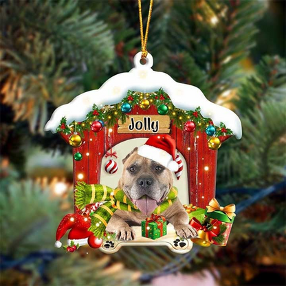 Customized Name Staffordshire Bull Terrier In Red Wood House Acrylic Ornament Christmas Gift For Dog Lovers, Dog Mom