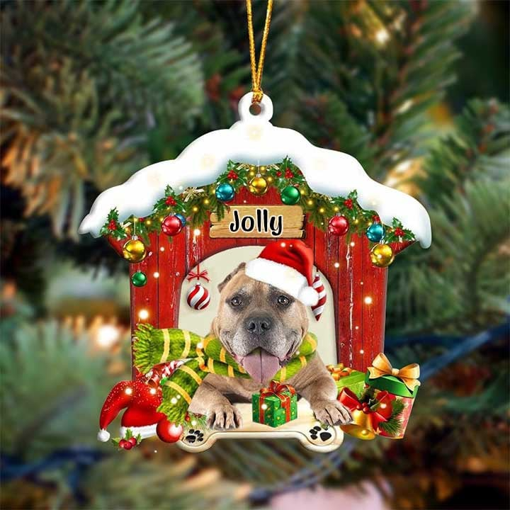 Customized Name Staffordshire Bull Terrier In Red Wood House Acrylic Ornament Christmas Gift For Dog Lovers, Dog Mom