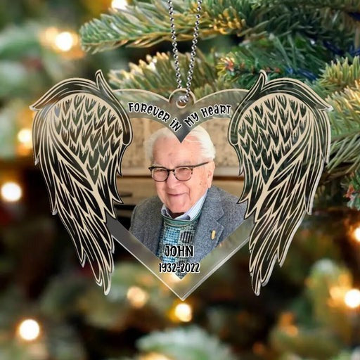 Personalized Dad Grandpa Memorial Angel Wings Acrylic Ornament Forever In My Heart, Memorial Ornament Gift For Family