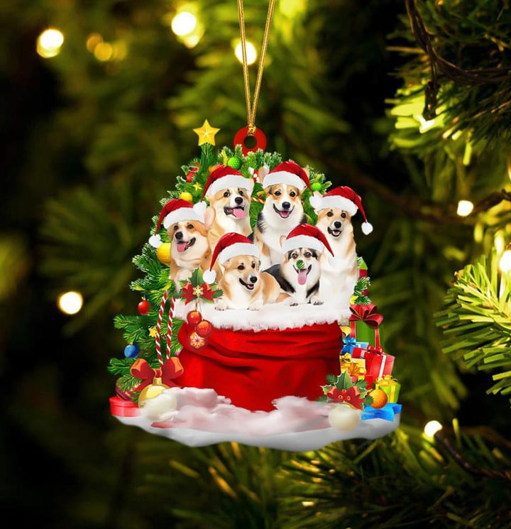 Welsh Corgi Dogs In Red Gift Bag Acrylic Ornament, Christmas Gift For Dog Lovers, Dog Mom