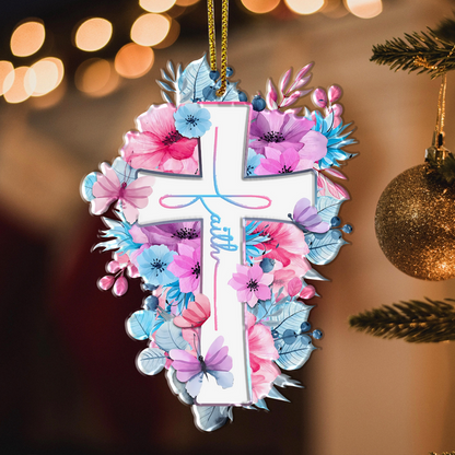 Pink Blue Flowers Butterflies Cross Faith Acrylic Ornament, Perfect Christmas Gift For Family, Friends