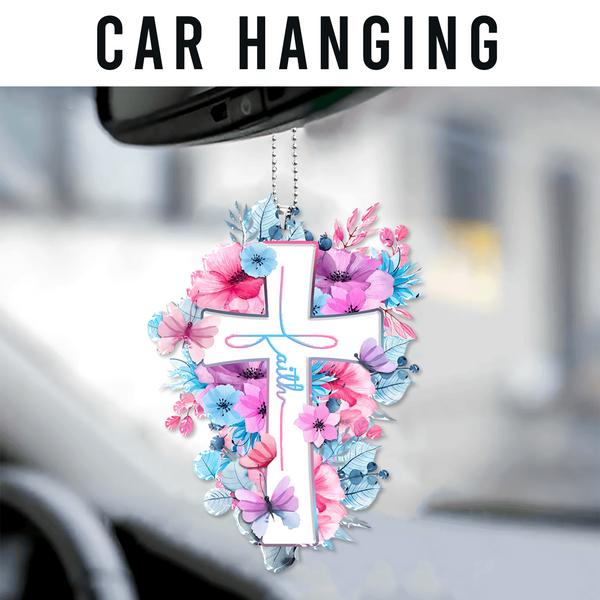 Pink Blue Flowers Butterflies Cross Faith Acrylic Ornament, Perfect Christmas Gift For Family, Friends