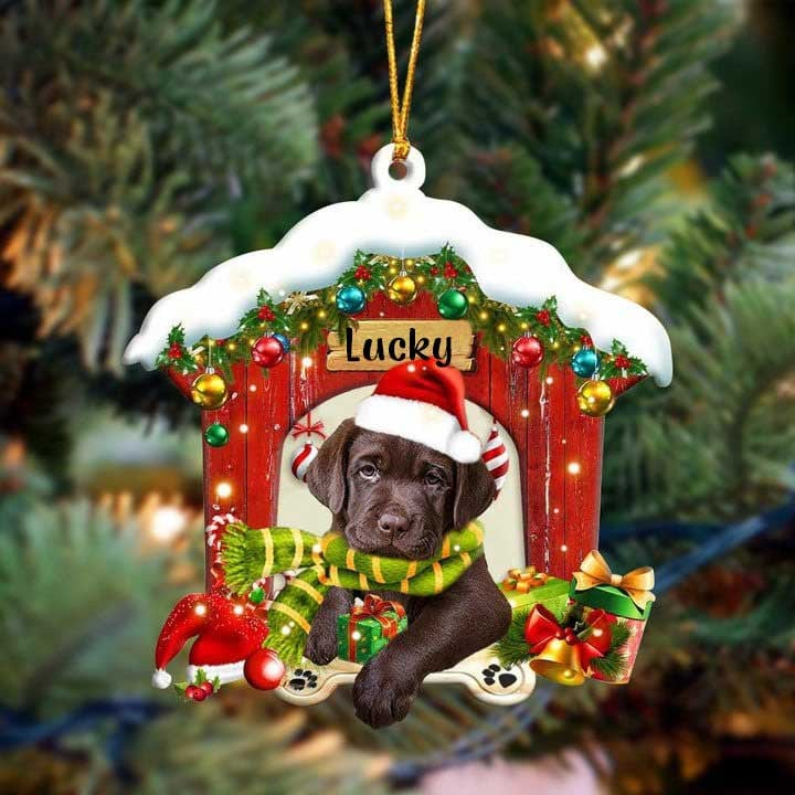 Custom Name Chocolate Labrador In Red Wood House Acrylic Ornament Christmas Gift For Dog Lovers, Dog Mom