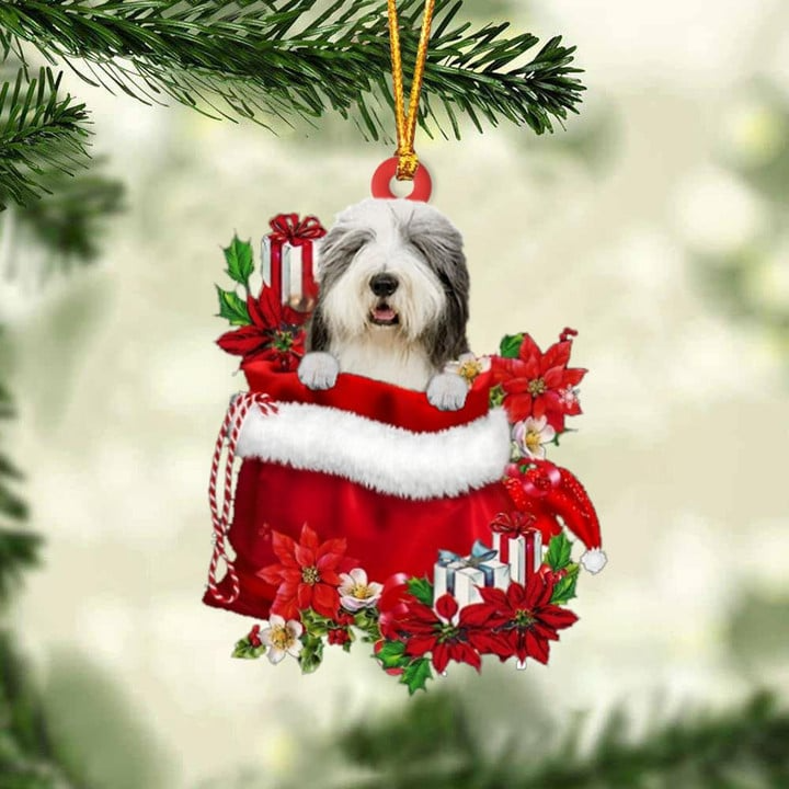 Personalized Old English Sheepdog In Red Gift Bag Acrylic Ornament, Christmas Gift For Dog Lovers, Dog Mom