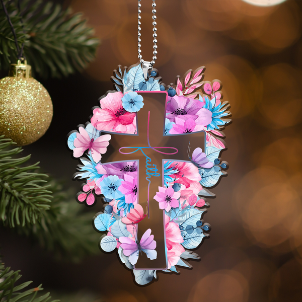 Pink Blue Floral Cross Faith Acrylic Car Ornament, Perfect Christmas Gift For Family, Friends, Holiday Decor