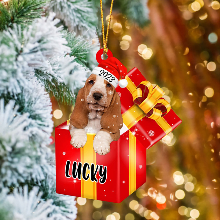 Customized Basset Hound In Red Gift Box Acrylic Ornament, Custom Gifts For Christmas