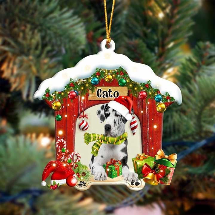 Custom Name Great Dane In Red Wood House Acrylic Ornament Christmas Gift For Dog Lovers, Dog Mom