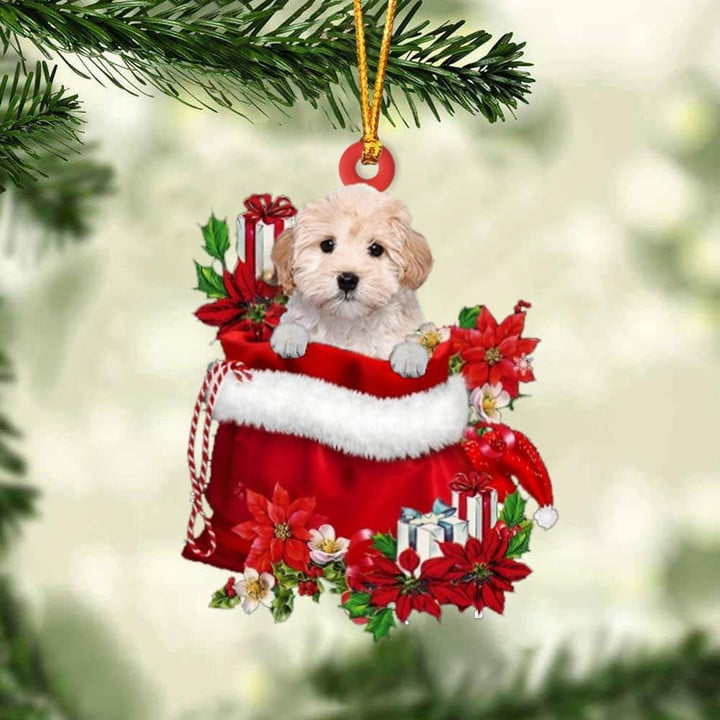 Customized Maltipoo Dog In Red Gift Bag Acrylic Christmas Ornament, Christmas Gift For Dog Lovers, Dog Mom