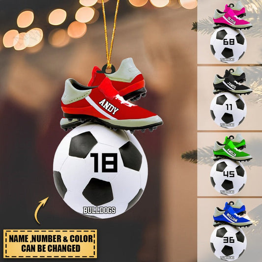 Personalized Shoes And Ball Soccer Acrylic Ornament, Custom Christmas Ornament Gift For Son, Daughter, Grandson, Granddaughter