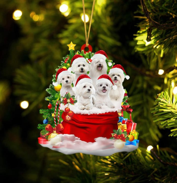 Maltese Dogs In Red Gift Bag Acrylic Ornament, Christmas Gift For Dog Lovers, Dog Mom