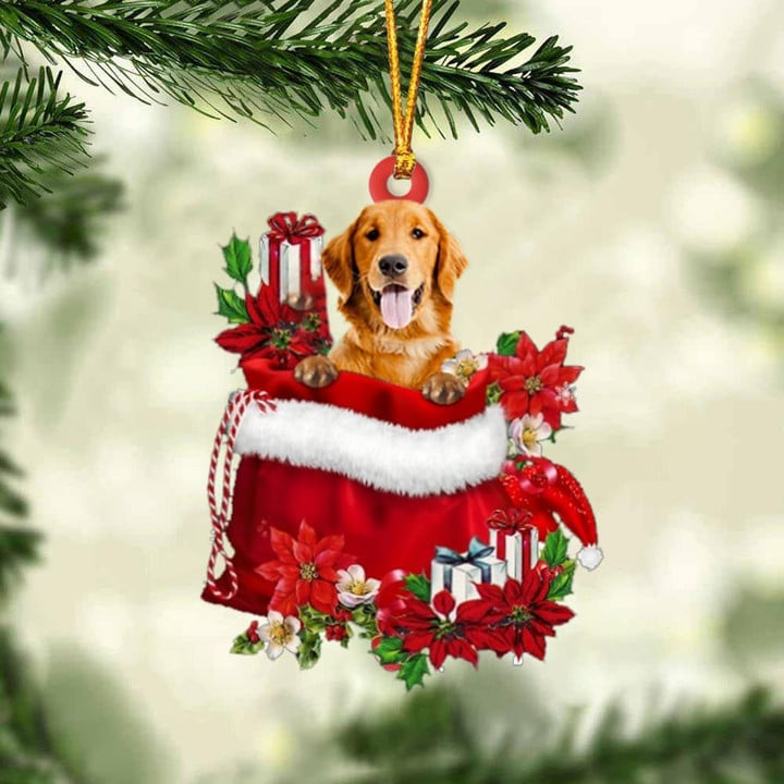 Customized Golden Retriever In Red Gift Bag Acrylic Christmas Ornament, Christmas Gift For Dog Lovers, Dog Mom