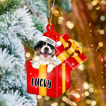 Customized Australian Shepherd In Red Gift Box Acrylic Ornament, Custom Gifts For Christmas
