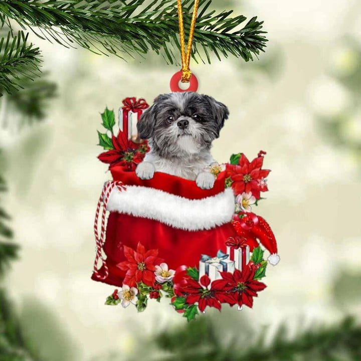 Customized Lhasa Apso In Red Gift Bag Acrylic Ornament, Christmas Gift For Dog Lovers, Dog Mom