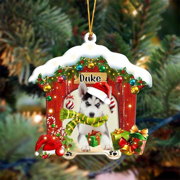 Custom Name Siberian Husky In Red Wood House Acrylic Ornament Christmas Gift For Dog Lovers, Dog Mom