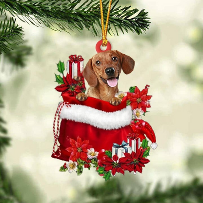 Customized Dachshund Dog In Red Gift Bag Acrylic Ornament, Christmas Gift For Dog Lovers, Dog Mom