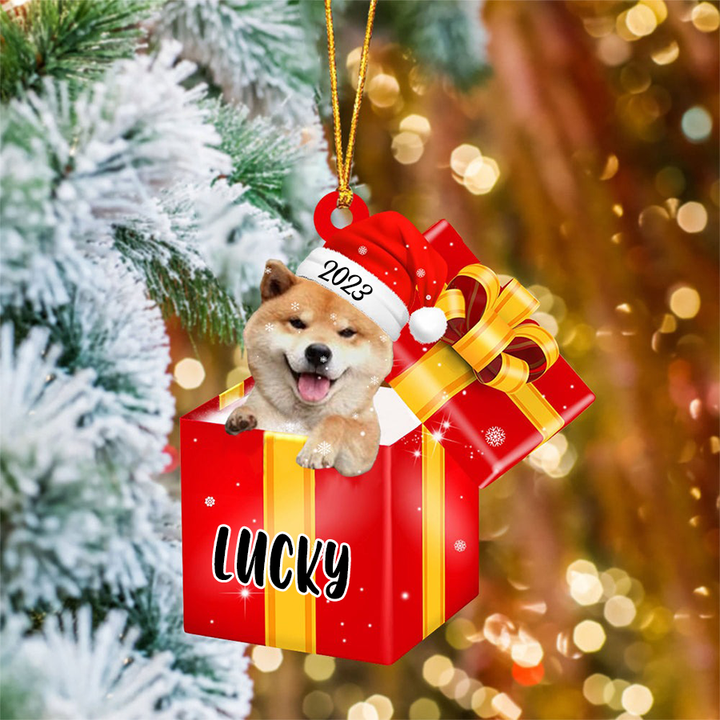 Customized Shiba Inu In Red Gift Box Acrylic Ornament Christmas Gift Ornament For Dog Lovers