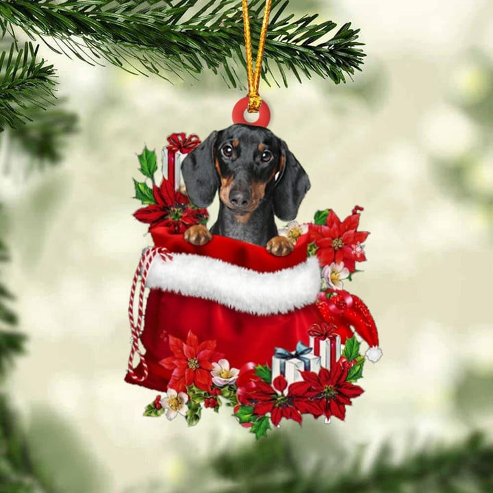 Customized Dachshund Dog In Red Gift Bag Acrylic Ornament, Christmas Gift For Dog Lovers, Dog Mom