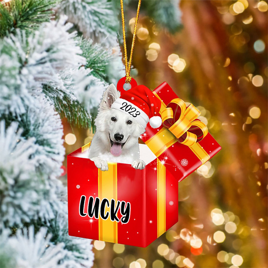 Customized White German Shepherd In Red Gift Box Acrylic Ornament, Christmas Gifts Ornament For Dog Lovers
