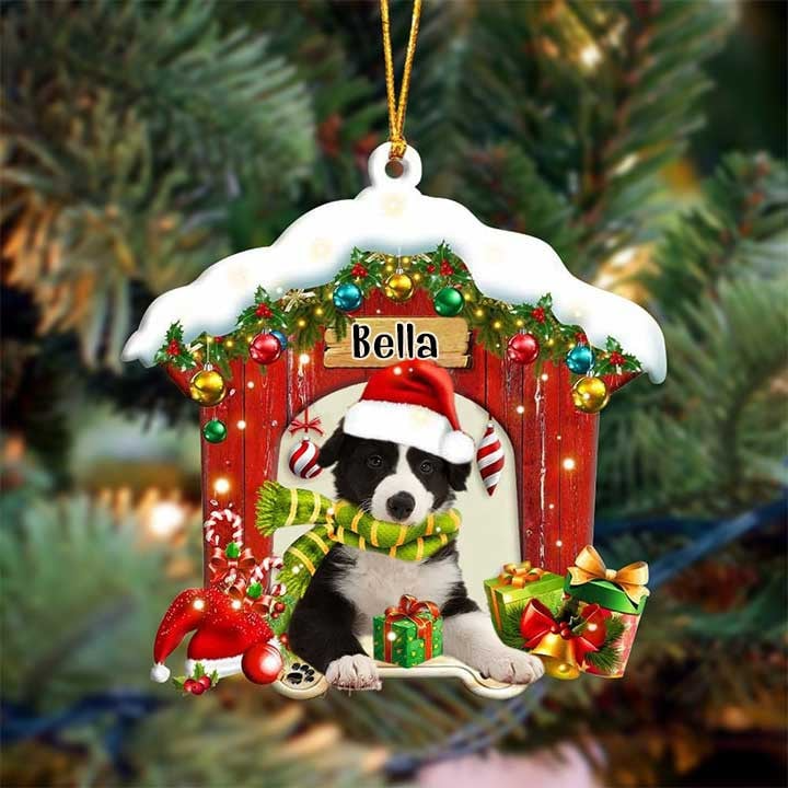 Custom Name Border Collie In Red Wood House Acrylic Ornament Christmas Gift For Dog Lovers, Dog Mom