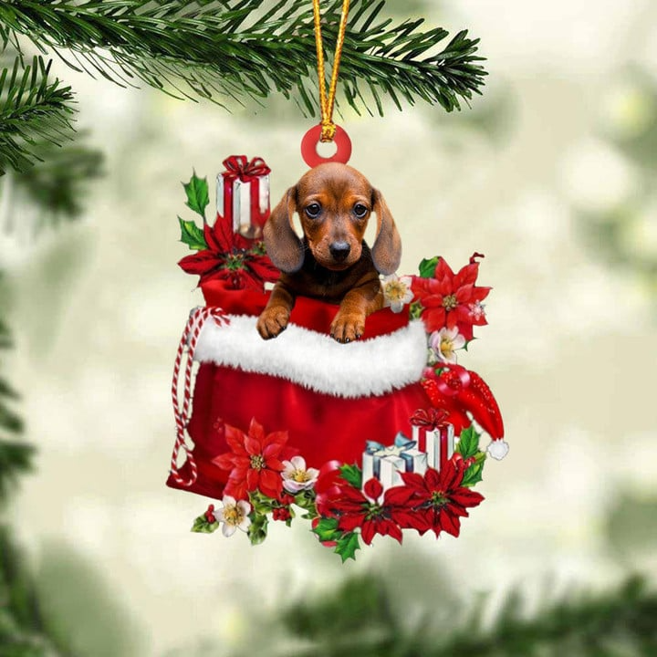 Customized Dachshund Dog In Red Gift Bag Acrylic Ornament, Christmas Gift For Dog Lovers, Dog Mom