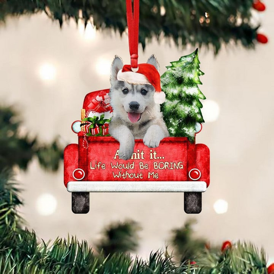 Customized Husky Dog On The Red Truck Acrylic Christmas Ornament, Christmas Gift For Dog Lovers, Dog Owners