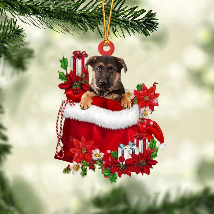 Customized German Shepherd In Red Gift Bag Acrylic Ornament, Christmas Gift For Dog Lovers, Dog Mom