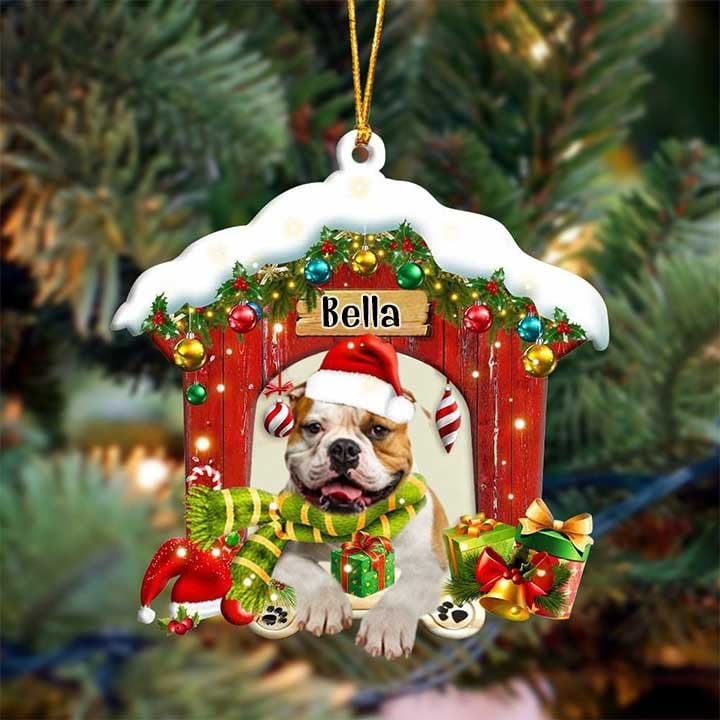 Custom Name Bulldog In Red Wood House Acrylic Ornament Christmas Gift For Dog Lovers, Dog Mom