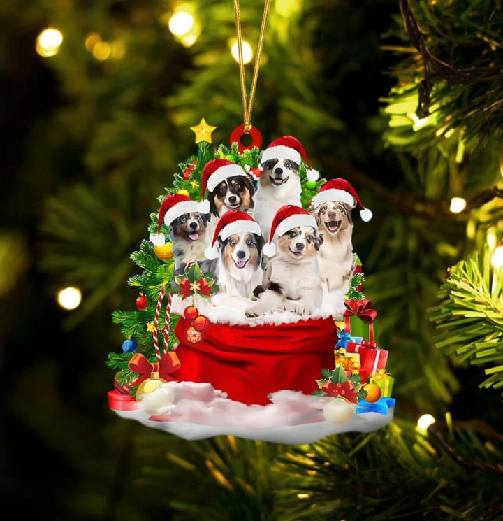 Australian Shepherd Dogs In Red Gift Bag Acrylic Ornament, Christmas Gift For Dog Lovers, Dog Mom