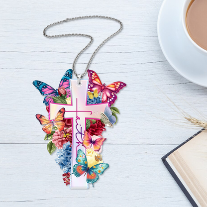 Flowers Faith Cross Butterflies Acrylic Ornament, Perfect Christmas Gift For Family, Friends