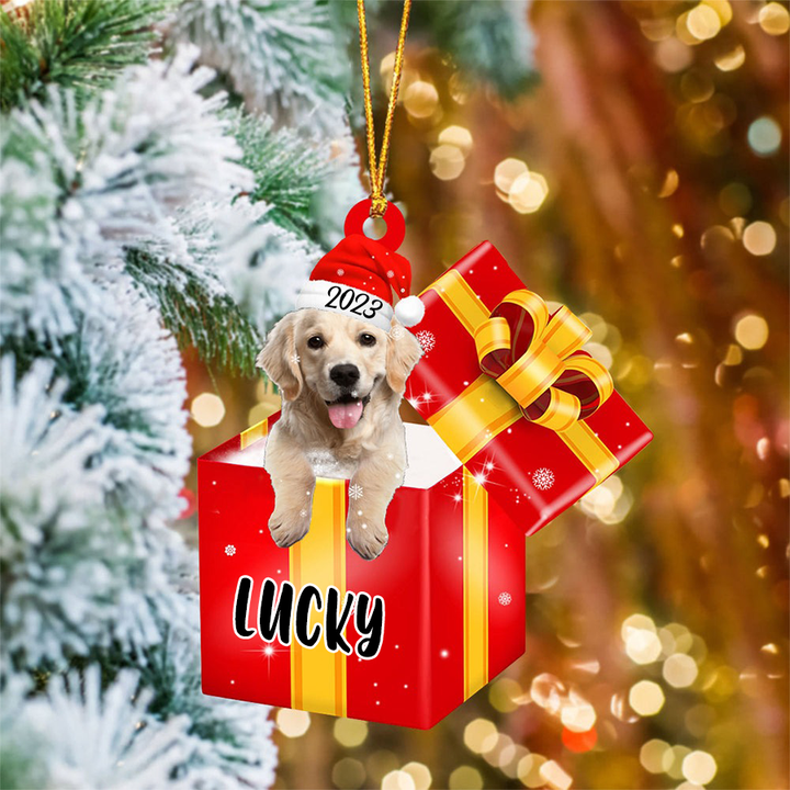 Customized Golden Retriever In Red Gift Box Acrylic Ornament Christmas Gift Ornament For Dog Lovers, Pet Lovers