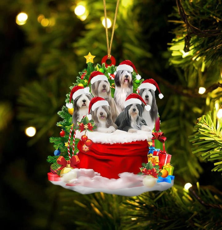 Bearded Collie Dogs In Red Gift Bag Acrylic Ornament, Christmas Gift For Dog Lovers, Dog Mom