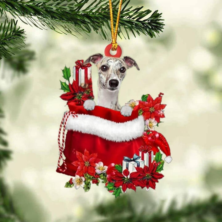 Customized Whippet In Red Gift Bag Acrylic Ornament, Christmas Gift For Dog Lovers, Dog Mom