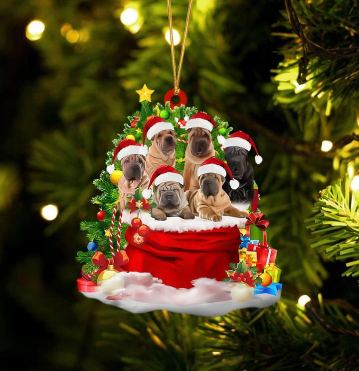 Shar Pei Dogs In Red Gift Bag Acrylic Ornament, Christmas Gift For Dog Lovers, Dog Mom