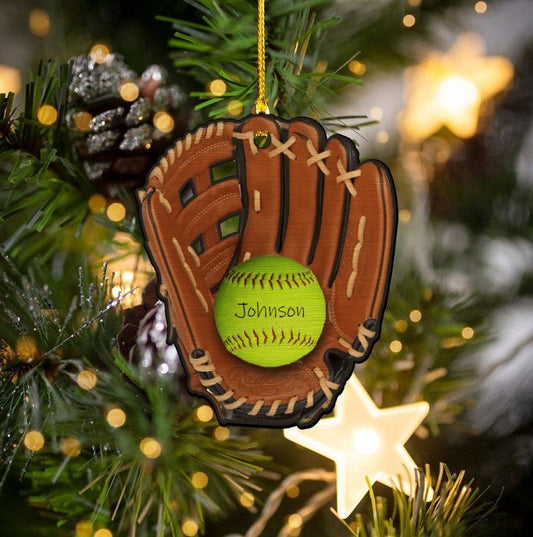 Custom Name Glove And Ball Softball Acrylic Ornament, Custom Christmas Ornament Gift For Softball Players