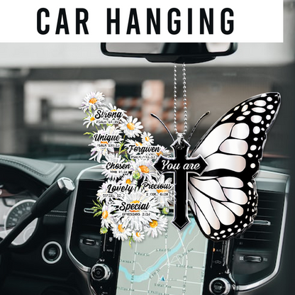 Daisy Butterfly Cross You Are Unique Acrylic Car Ornament, Perfect Christmas Gift For Family, Friends, Holiday Decor
