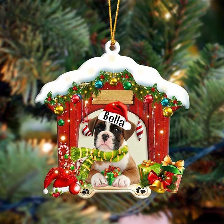 Customized Name Boxer In Red Wood House Acrylic Ornament Christmas Gift For Dog Lovers, Dog Mom